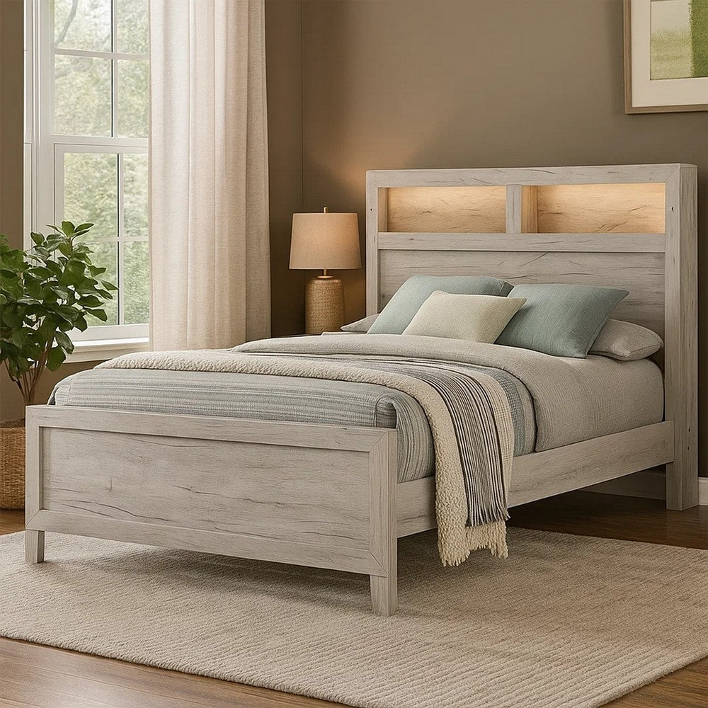 Miot Queen Size Bed w Headboard Shelves, Weathered White Wash Tone