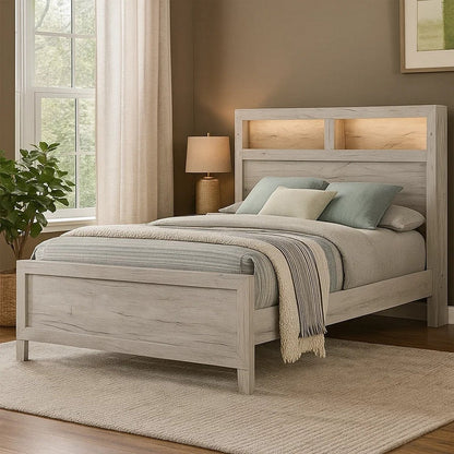 Miot Queen Size Bed w Headboard Shelves, Weathered White Wash Tone