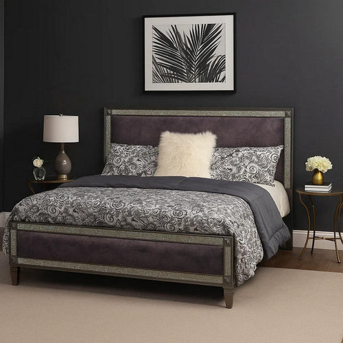 Laine Queen Bed, Glam Crystal Acrylic Trim, Gray Fabric Upholstered