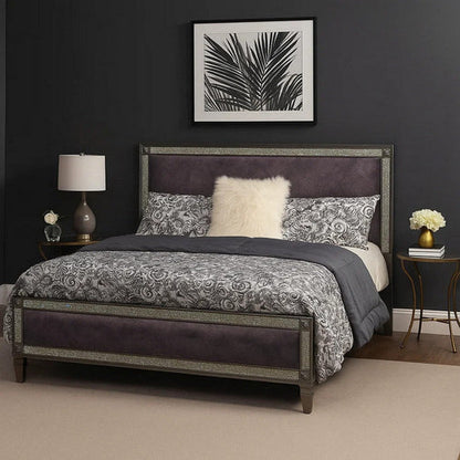 Laine Queen Bed, Glam Crystal Acrylic Trim, Gray Fabric Upholstered
