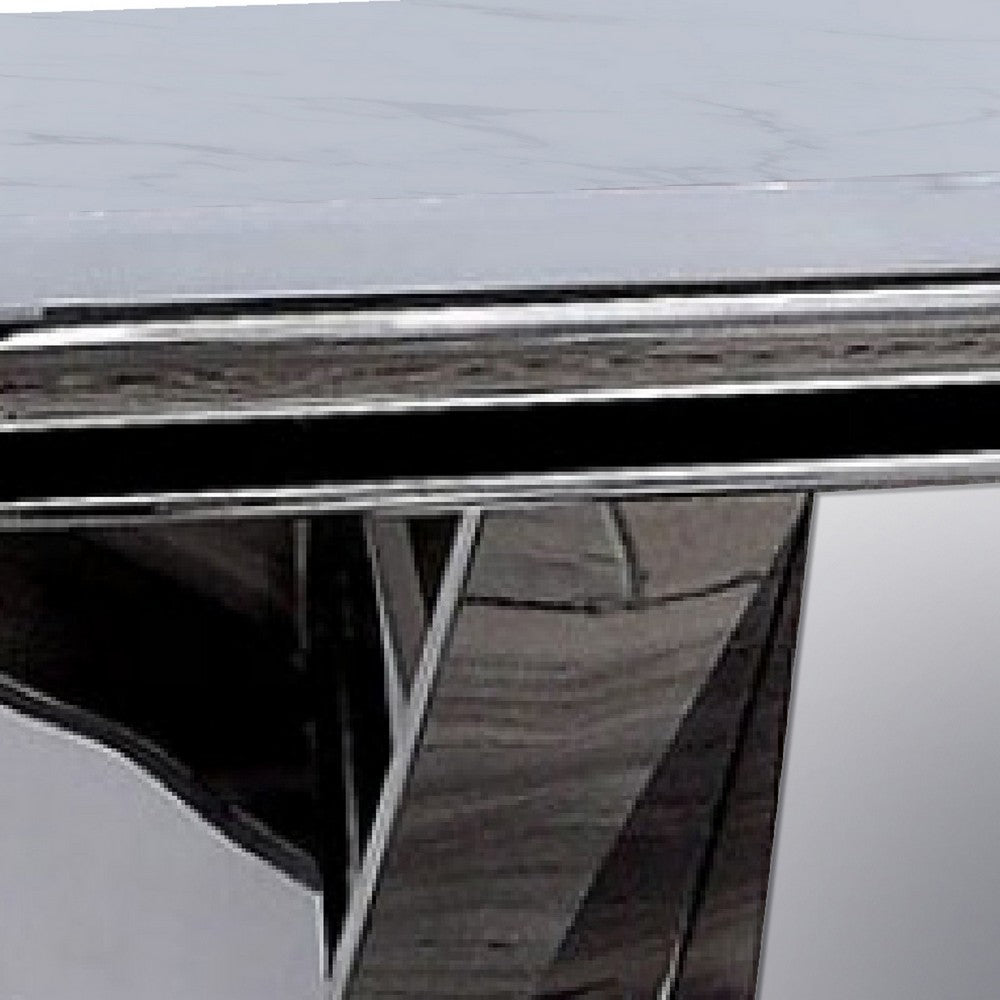 Vily Side End Table, 24 Inch Faux Marble Top, V-Style Chrome Pedestal