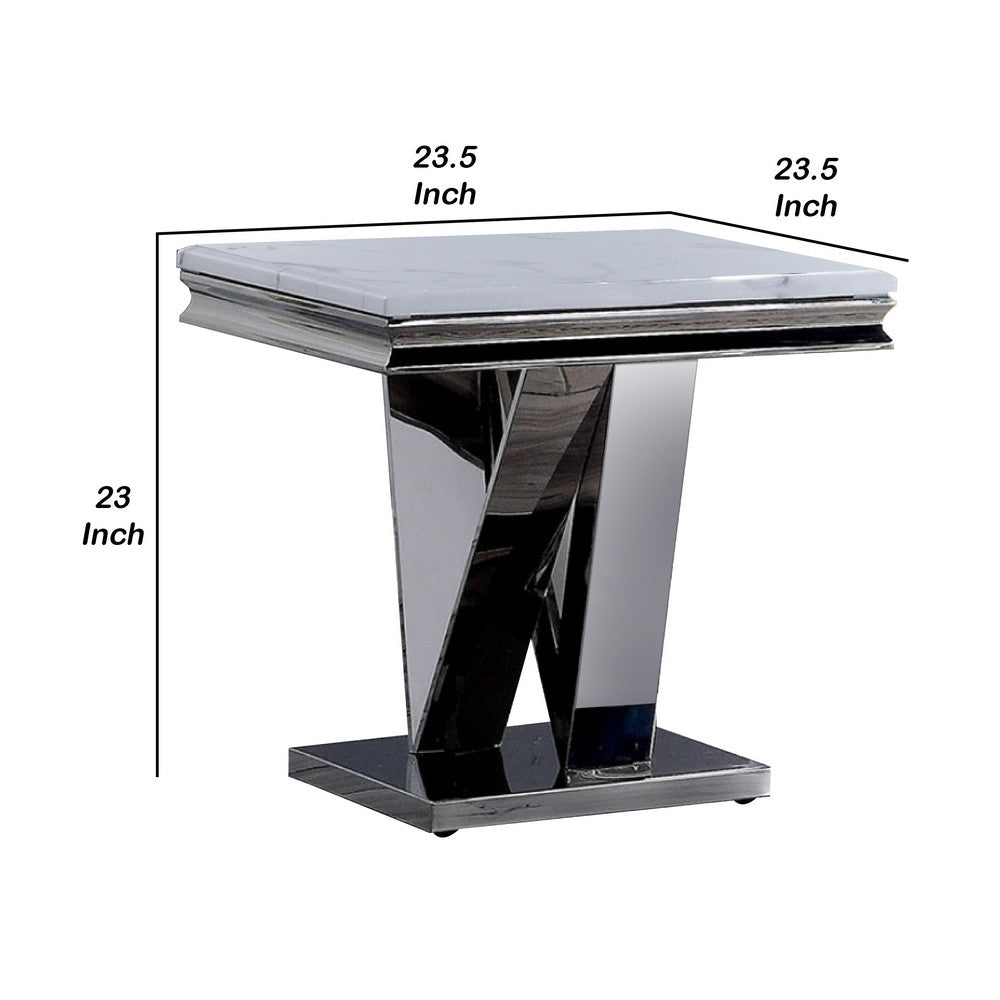 Vily Side End Table, 24 Inch Faux Marble Top, V-Style Chrome Pedestal