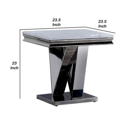 Vily Side End Table, 24 Inch Faux Marble Top, V-Style Chrome Pedestal