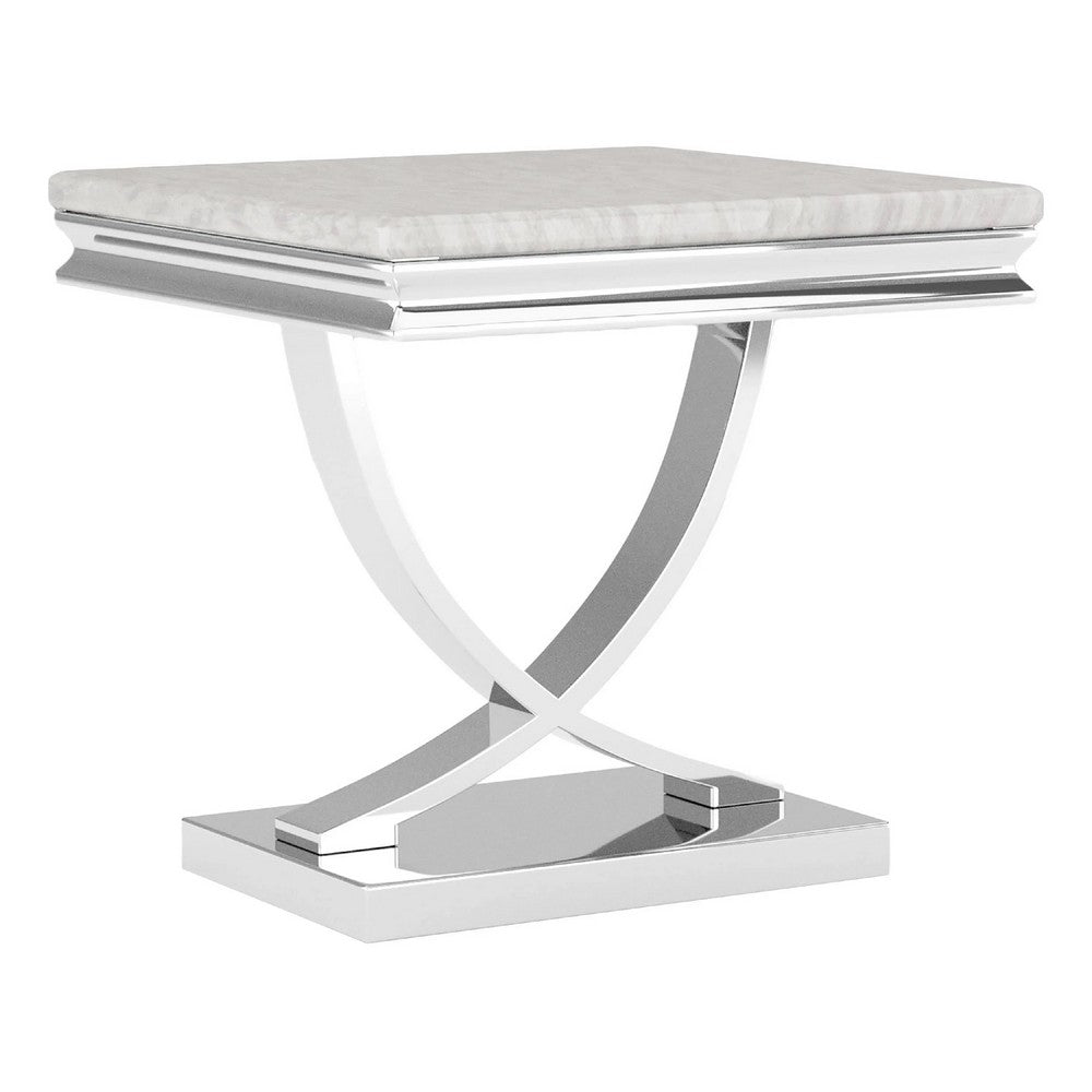 Wety Side End Table, 24 Inch Faux Marble Top, Curved Chrome Pedestal