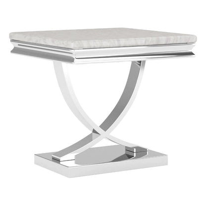 Wety Side End Table, 24 Inch Faux Marble Top, Curved Chrome Pedestal