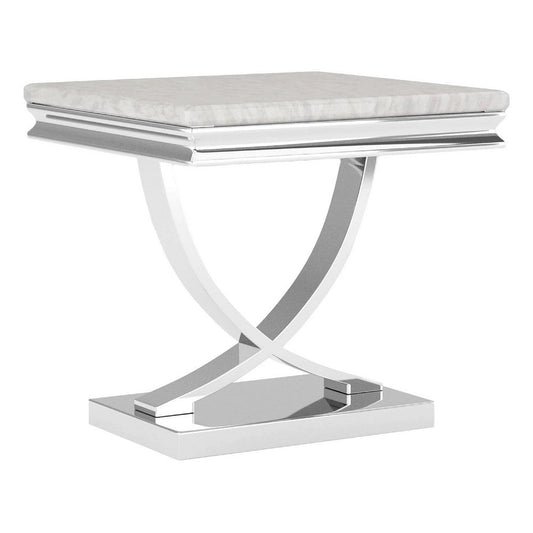 Wety Side End Table, 24 Inch Faux Marble Top, Curved Chrome Pedestal