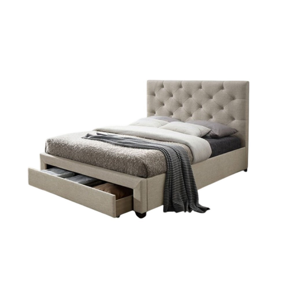 Sya Twin Size Bed w Button Tufted Upholstery, Underbed Storage, Beige