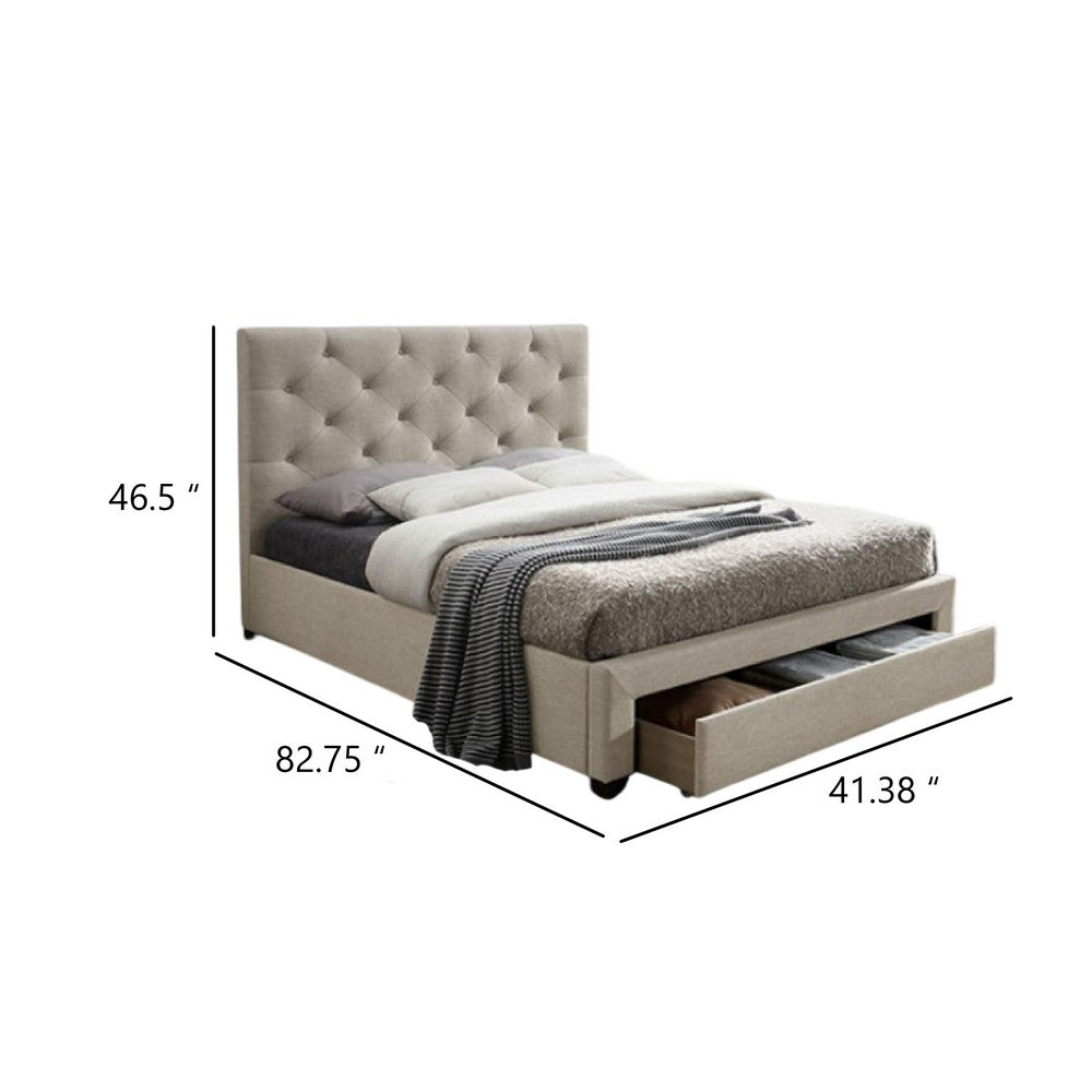 Sya Twin Size Bed w Button Tufted Upholstery, Underbed Storage, Beige