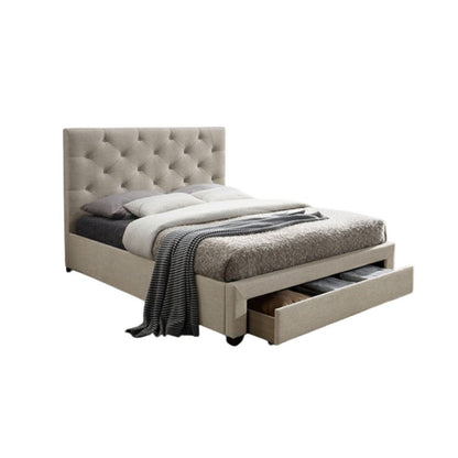 Sya Bed w Button Tufted Upholstery, Underbed Storage – Beige