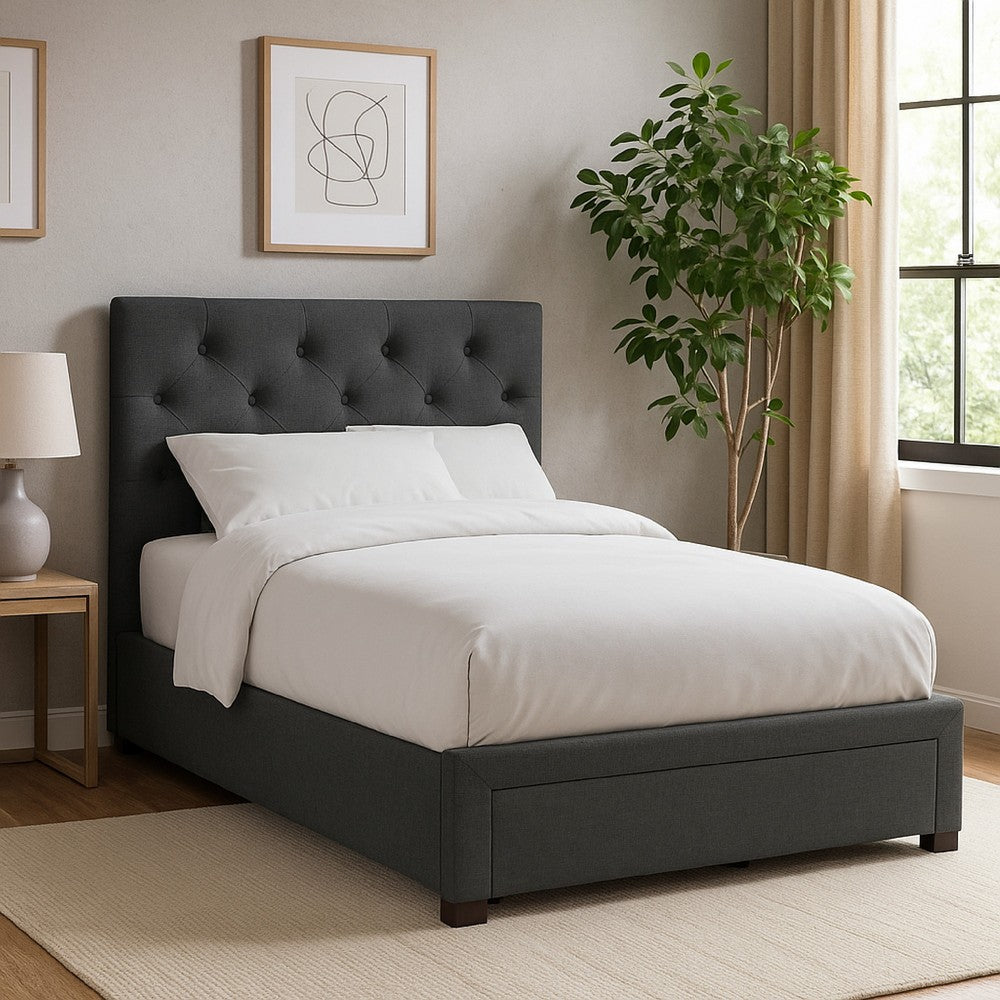 Sya Full Size Bed w Tufted Headboard, Underbed Storage, Dark Gray