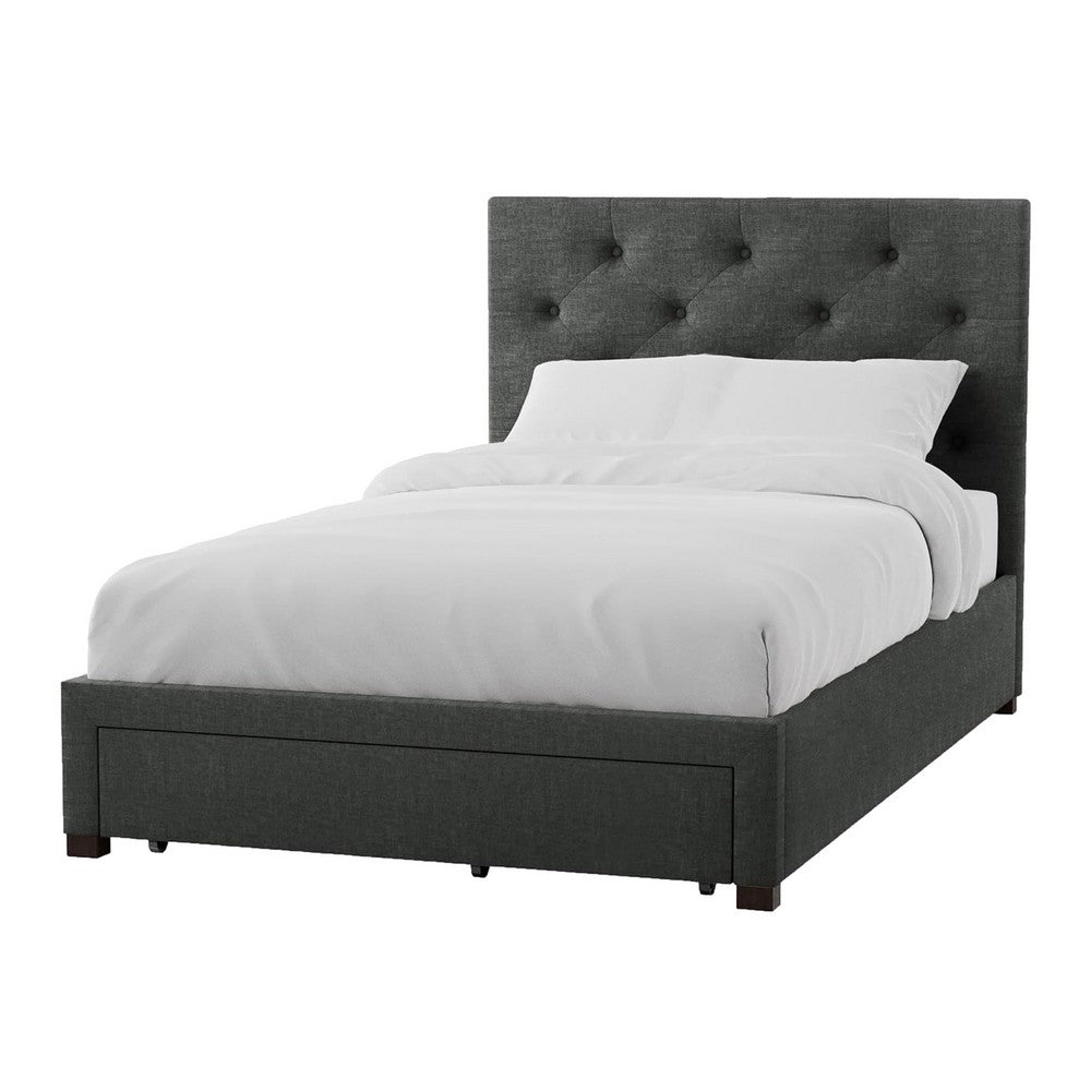 Sya Twin Size Bed w Tufted Headboard, Underbed Storage, Dark Gray