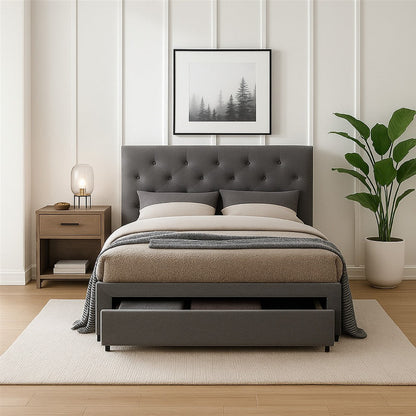Sya Full Size Bed w Button Tufted Upholstery, Underbed Storage, Gray