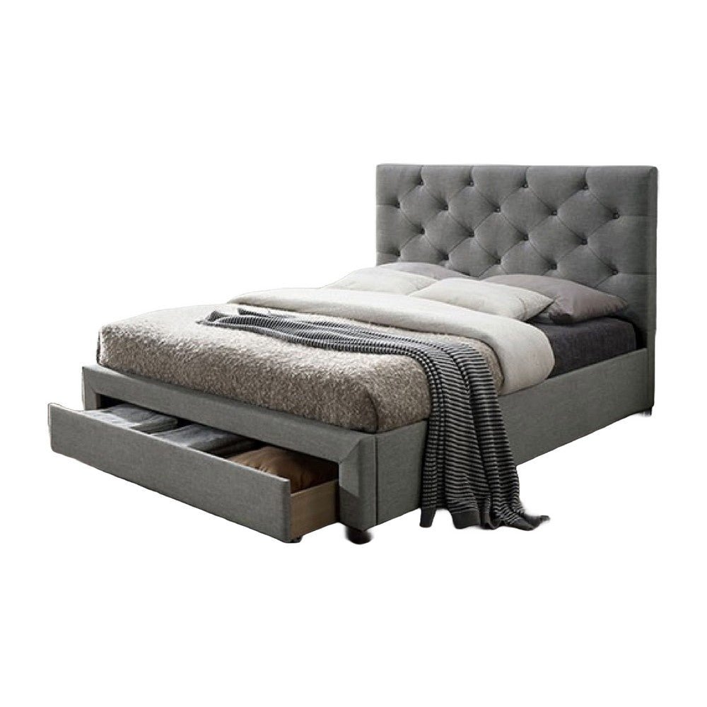 Sya Twin Size Bed w Button Tufted Upholstery, Underbed Storage, Gray