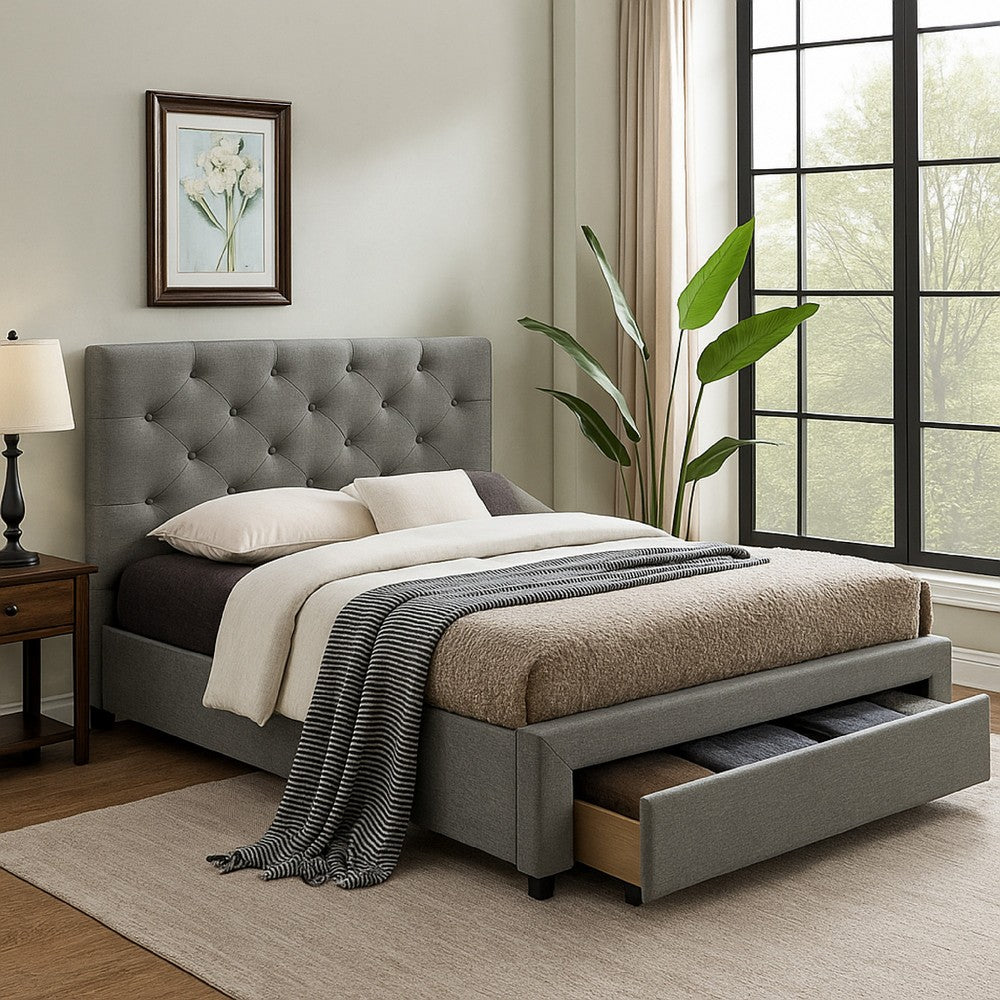 Sya Twin Size Bed w Button Tufted Upholstery, Underbed Storage, Gray