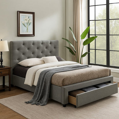 Sya Twin Size Bed w Button Tufted Upholstery, Underbed Storage, Gray