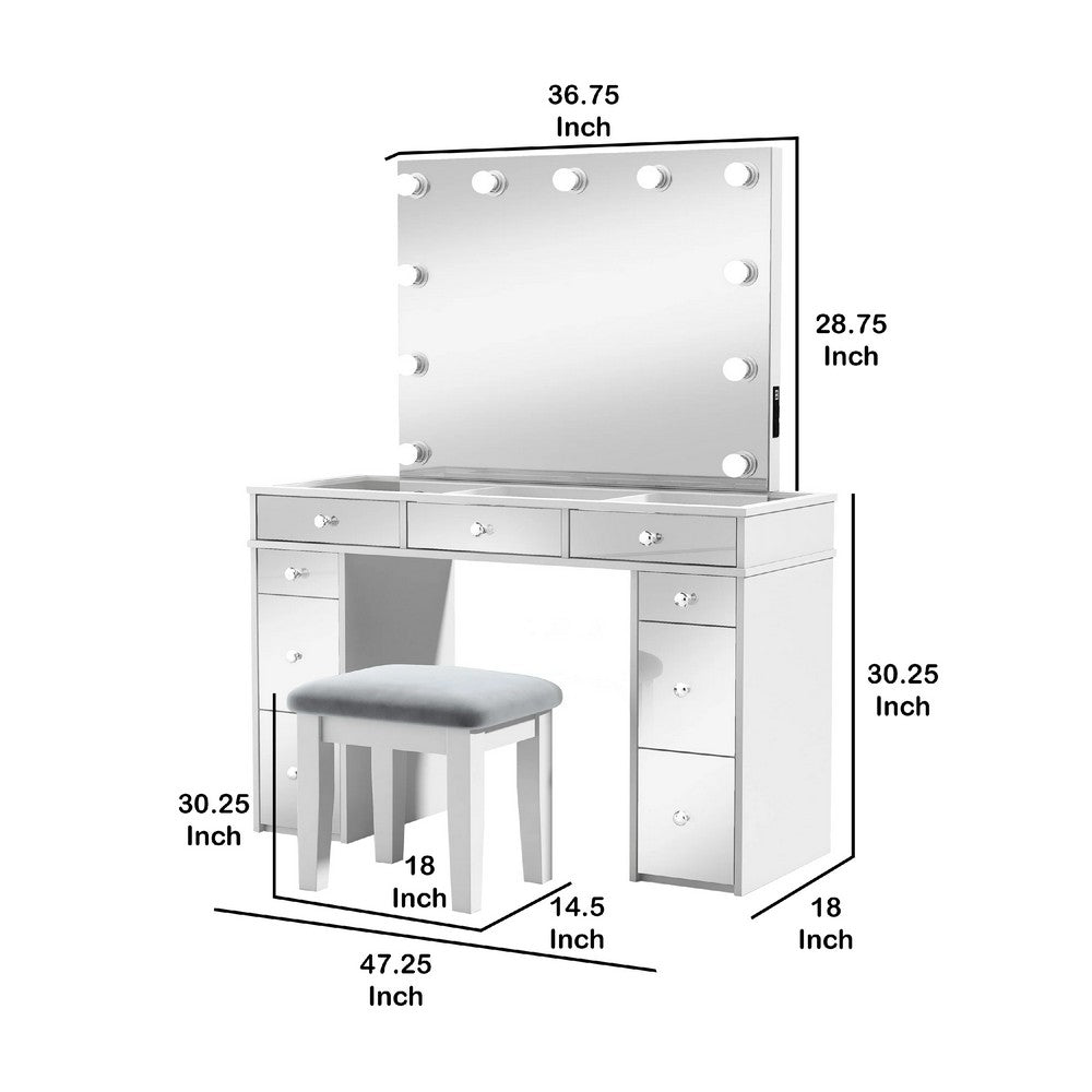 Margo Vanity Set with Lighted Mirror and Padded Stool, White-Gray