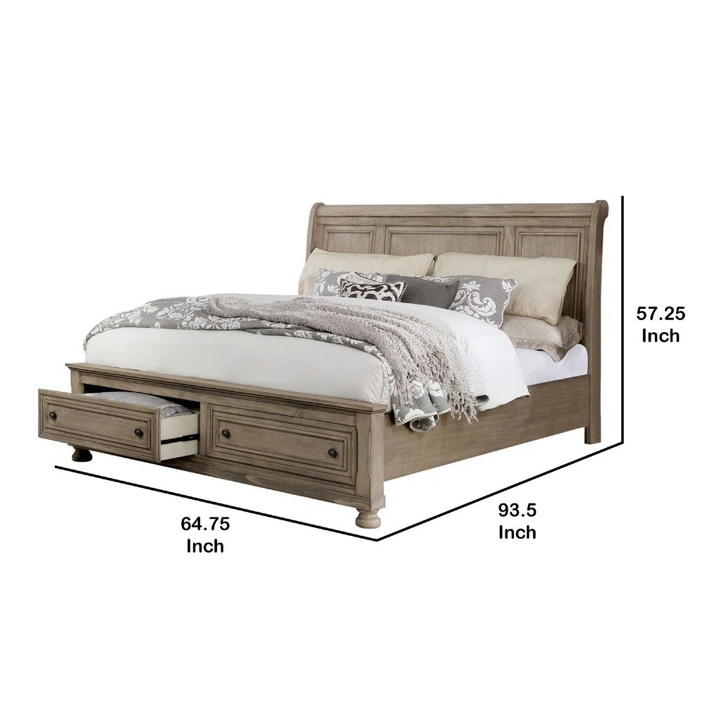 Ava Queen Bed with Footboard Storage and Bun Feet, Gray Solid Wood