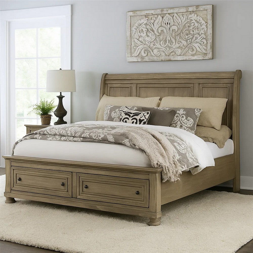 Ava Queen Bed with Footboard Storage and Bun Feet, Gray Solid Wood