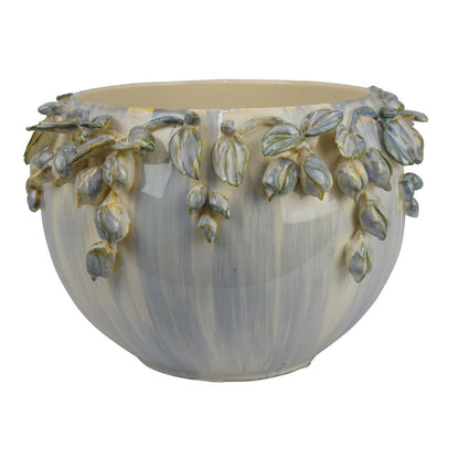Decorative Bowl Planter, White Ceramic with Floral Garland Rim