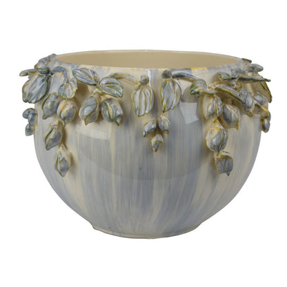 Decorative Bowl Planter, White Ceramic with Floral Garland Rim