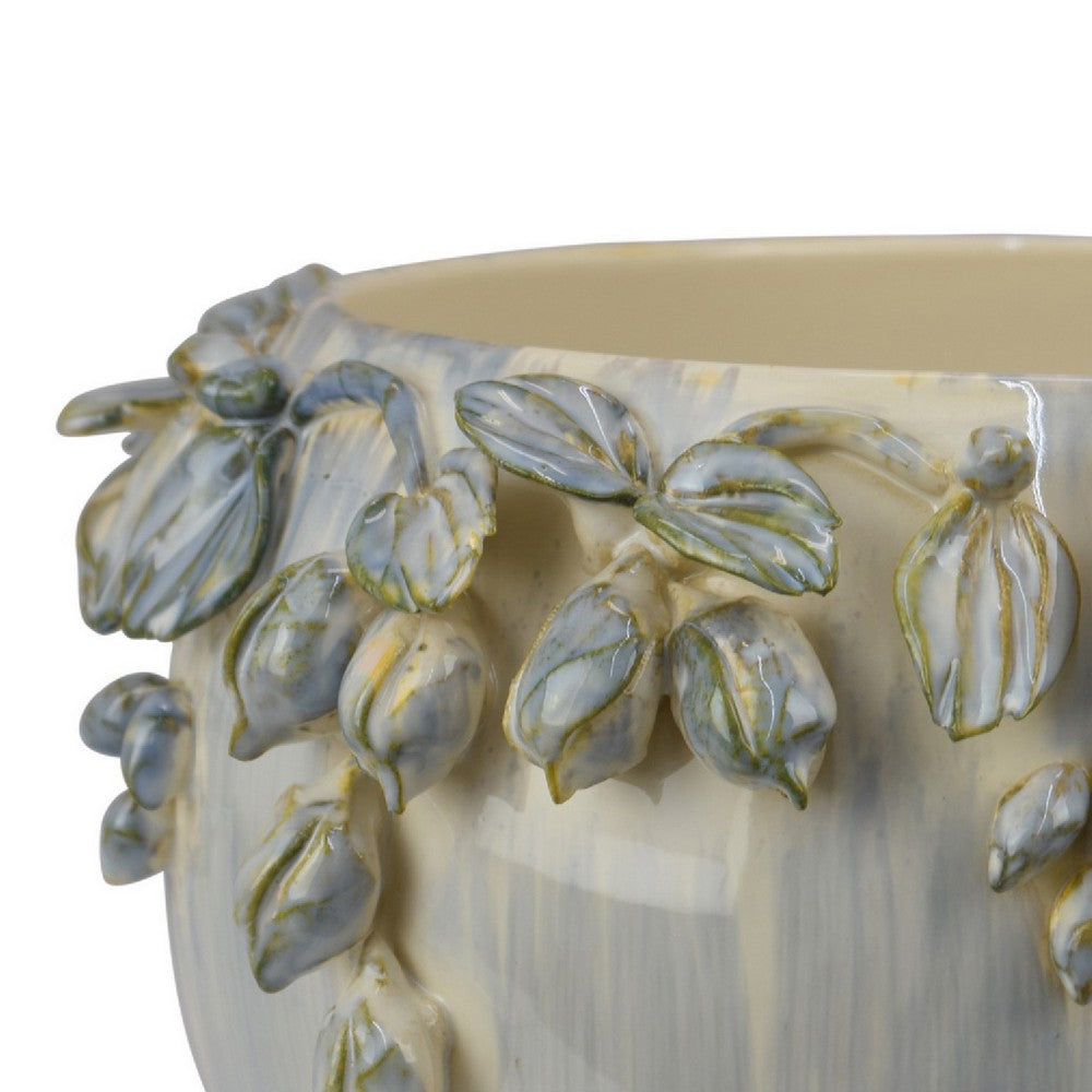 Decorative Bowl Planter, White Ceramic with Floral Garland Rim