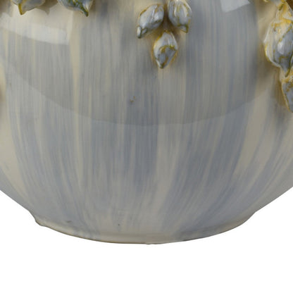Decorative Bowl Planter, White Ceramic with Floral Garland Rim