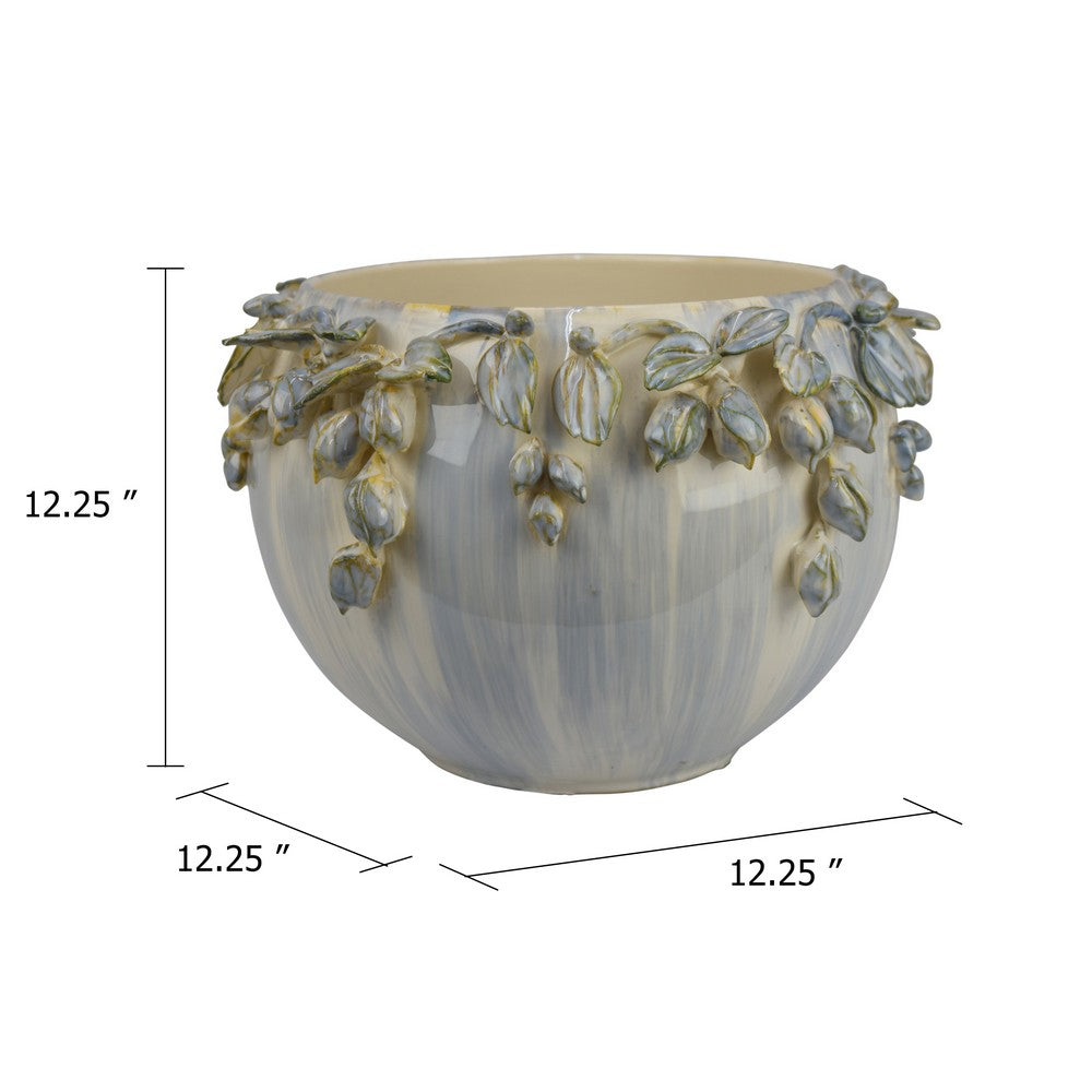 Decorative Bowl Planter, White Ceramic with Floral Garland Rim