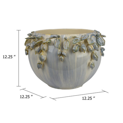 Decorative Bowl Planter, White Ceramic with Floral Garland Rim
