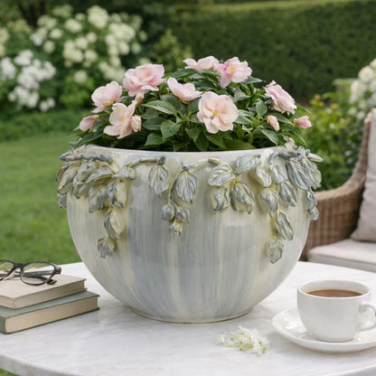 Decorative Bowl Planter, White Ceramic with Floral Garland Rim