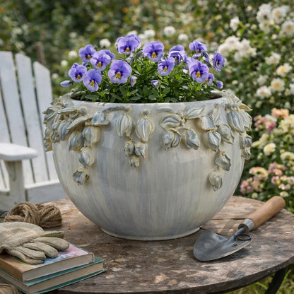 Decorative Bowl Planter, White Ceramic with Floral Garland Rim