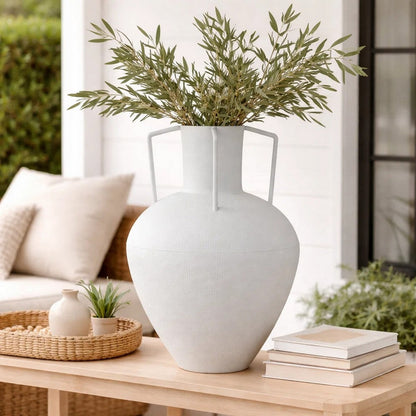 Textured Amphora Style Vase, White Metal with Dual Handles, 19 Inch