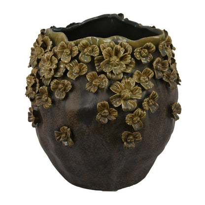 Siya Decorative Vase, Brown Ceramic, Rustic Round Floral Design
