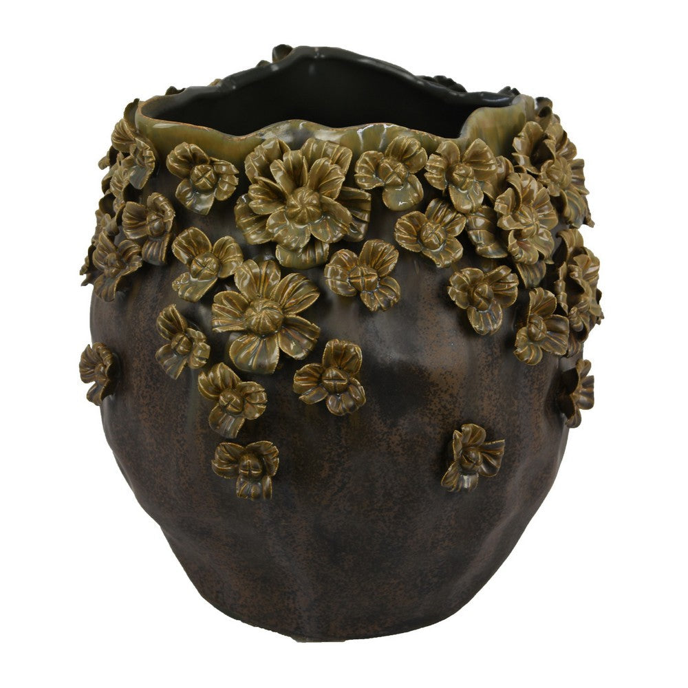 Siya Decorative Vase, Brown Ceramic, Rustic Round Floral Design