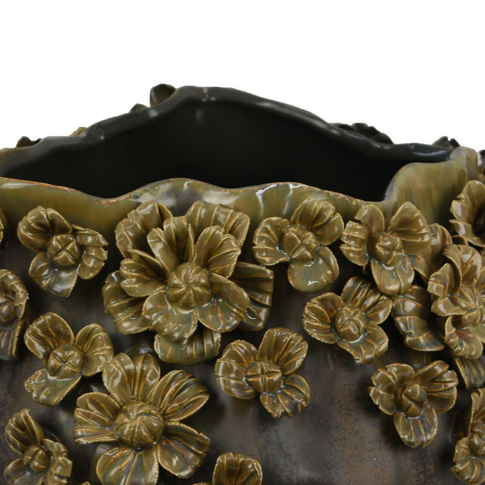 Siya Decorative Vase, Brown Ceramic, Rustic Round Floral Design