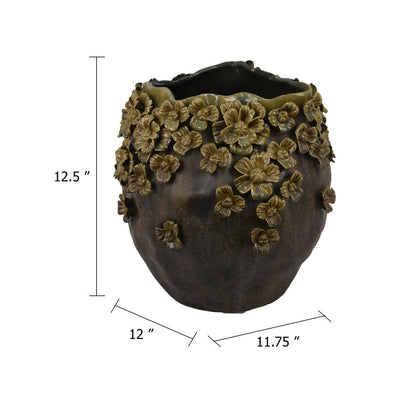 Siya Decorative Vase, Brown Ceramic, Rustic Round Floral Design