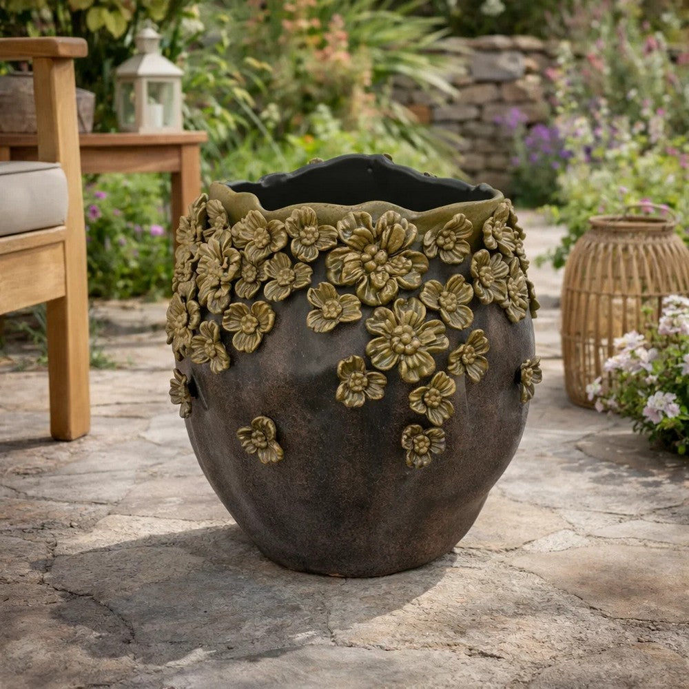 Siya Decorative Vase, Brown Ceramic, Rustic Round Floral Design