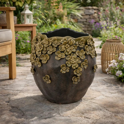 Siya Decorative Vase, Brown Ceramic, Rustic Round Floral Design
