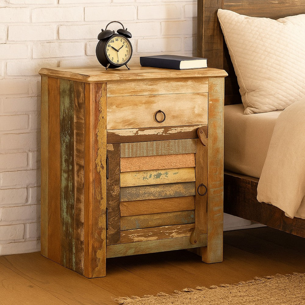 Nero Chair Side Table, Slatted Drawer Front, 26 Inch Solid Wood Dark Brown