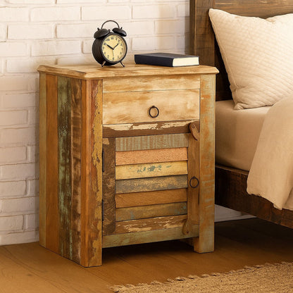Nero Chair Side Table, Slatted Drawer Front, 26 Inch Solid Wood Dark Brown