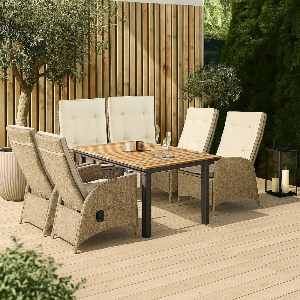 Ankia 7pc Outdoor Dining Set, 6 Reclining Chairs, Beige, 62-84 Inch Table
