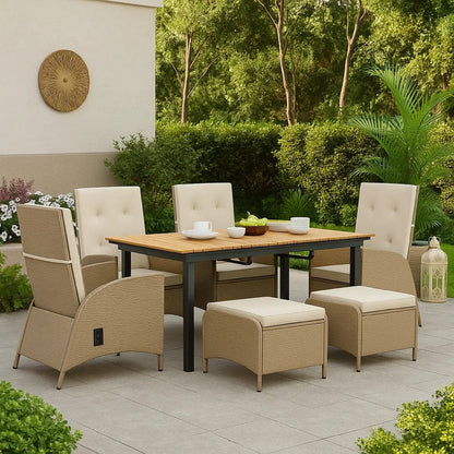 Ankia 5pc Outdoor Dining Set, 4 Reclining Chairs, Beige, 62-84 Inch Table