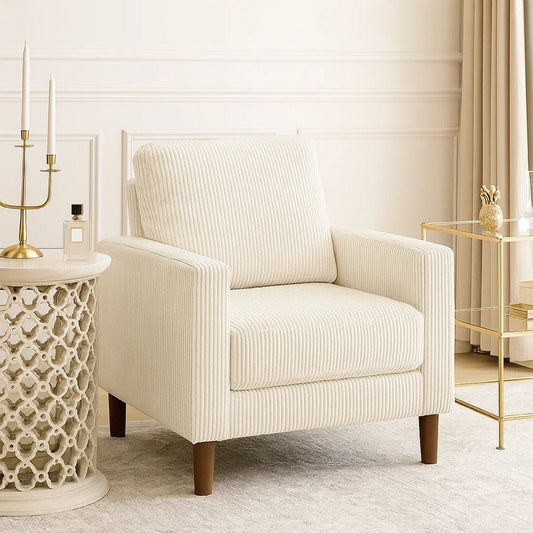 Cey Sofa Armchair, Beige Corduroy Upholstery, Modern Style Brown Legs