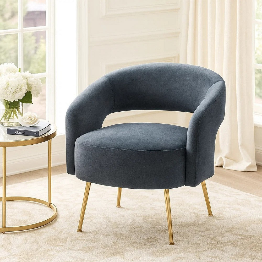Noel Accent Chair, Curved Open Back, Dark Gray Velvet, Gold Metal Legs