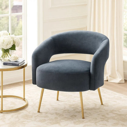 Noel Accent Chair, Curved Open Back, Teal Blue Velvet, Gold Metal Legs