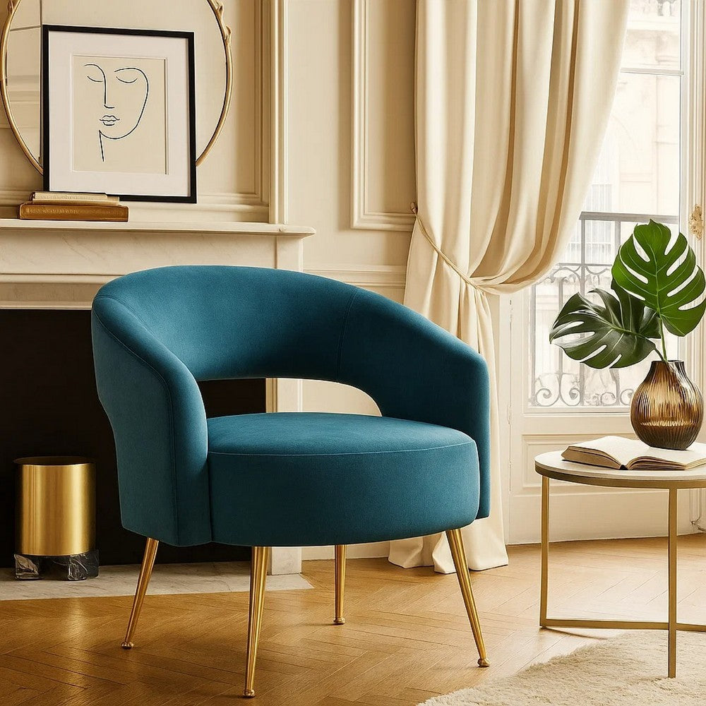 Noel Accent Chair, Curved Open Back, Teal Blue Velvet, Gold Metal Legs