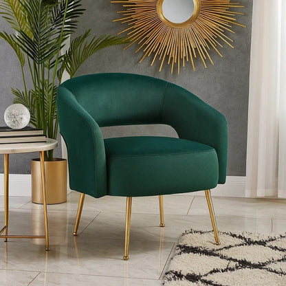 Noel Accent Chair, Curved Open Back, Dark Green Velvet, Gold Metal Legs
