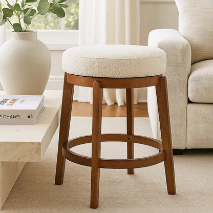 Lex Swivel Counter Stool, 27 Inch Backless, White Boucle, Brown Legs