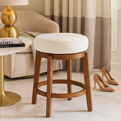 Lex Swivel Counter Stool, 27 Inch Backless, White Boucle, Brown Legs