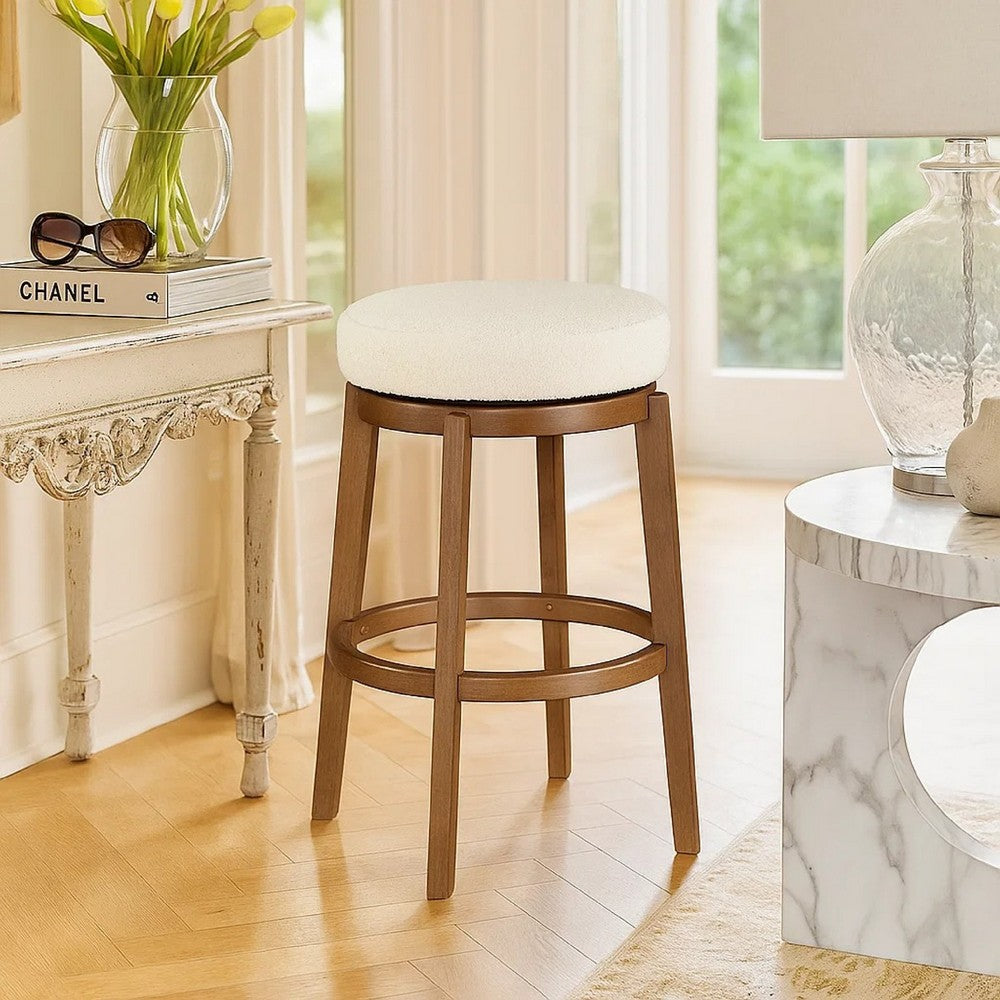 Lex Swivel Bar Stool, 31 Inch Backless, White Boucle Seat, Brown Legs