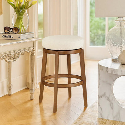Lex Swivel Bar Stool, 31 Inch Backless, White Boucle Seat, Brown Legs